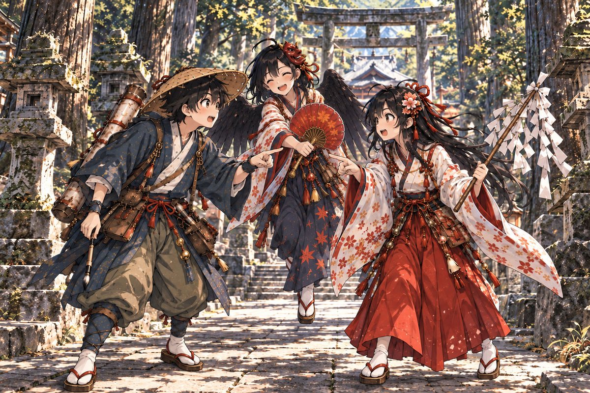 北口本宮冨士浅間神社の参道で言い合う絵師見習いと巫女見習い、笑う女天狗
