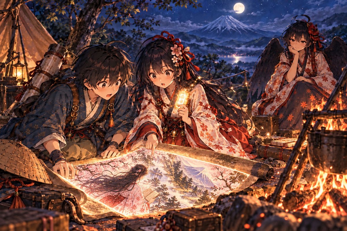 たき火のそばで絵巻をのぞきこむ二人と、震える札。奥に女天狗