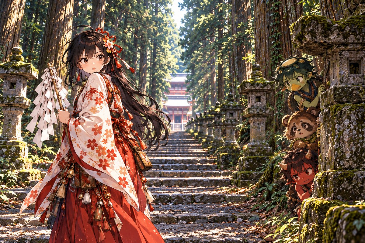 北口本宮冨士浅間神社の参道で振り返る巫女見習いと、石灯籠の陰に隠れるお邪魔三人組